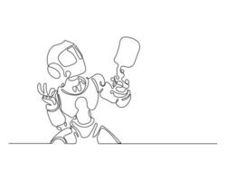 Continuous line drawing of a robot presenting or speaking, holding a speech bubble, futuristic minimalist concept, ideal for communication, AI, tech talks, and innovation themes. vector