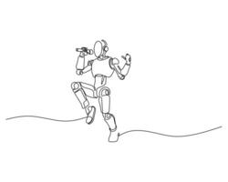 Continuous line art of a futuristic robot jumping and singing into a microphone, dynamic and minimalistic design, ideal for music, technology, and entertainment concepts. vector