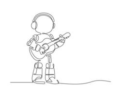 Minimalist one line drawing of a robot playing guitar while wearing headphones. Futuristic music technology concept. Simple, modern, creative art. vector