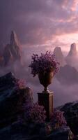 Lavender flowers in vase atop rocky mountain at sunset, digital art scene photo