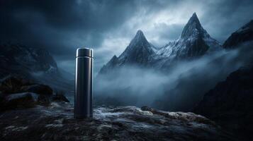 Thermos flask on rocky landscape with fog and snow-covered mountains photo