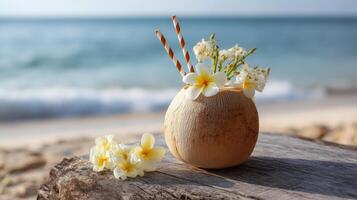 Coconut drink with frangipani flowers by the beach on a sunny day photo