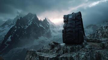 Backpack on rocky mountain under dramatic cloudy sky, travel adventure concept photo