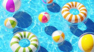 Colorful beach balls and swim rings floating in a blue pool, summer fun concept photo