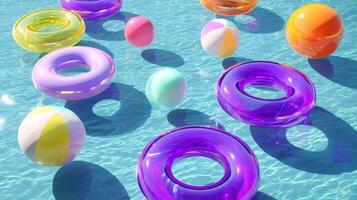 Colorful inflatable rings and balls floating on clear blue pool water photo