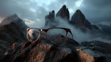 Glasses on rocky mountain with mist and dramatic sky, concept of vision clarity photo
