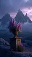 Purple flowers in antique urn with misty mountain backdrop at sunset photo