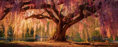 Enchanting cherry blossom tree with pink flowers and sunlight at a serene lake photo