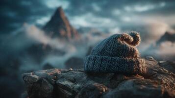 Knit beanie on rocky mountain peak with misty landscape at sunset, serene mood photo