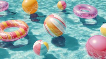 Inflatable pool toys with colorful beach balls floating under the sun photo