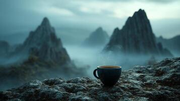 Serene morning coffee with misty mountain background, dreamy atmosphere photo