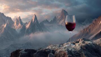 Glass of red wine on rocky mountain ledge with misty peaks at sunset, serene view photo