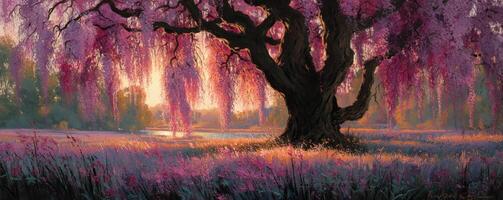 Majestic old tree with pink blossoms at sunset in a tranquil field scenery photo