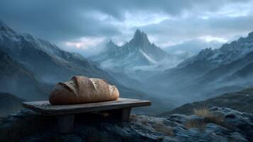 Loaf of bread on rustic table with misty mountains at dawn, digital art photo