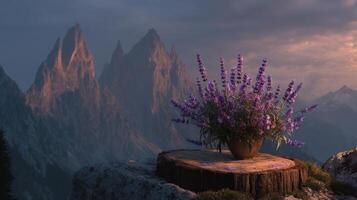 Lavender flowers in a pot on a mountain ledge at sunset with distant peaks photo