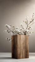 Blooming cherry blossoms in a rustic wooden vase with a minimalist background photo