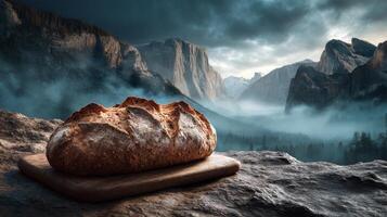 Rustic bread on wooden board with misty mountain background, artistic photography photo