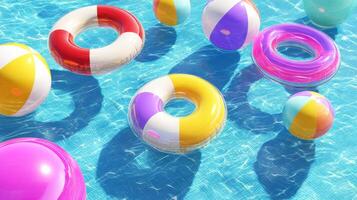 Colorful pool floats and beach balls in a sunny swimming pool, 3d animation photo