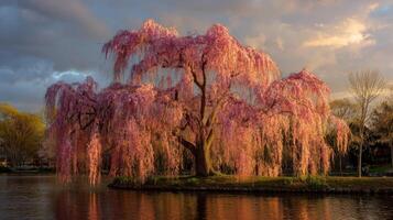 Weeping cherry tree with pink blossoms by a lake under sunset sky photo
