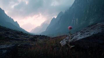 Solitary pink flower in a dark mountainous valley under a cloudy sky at sunset photo