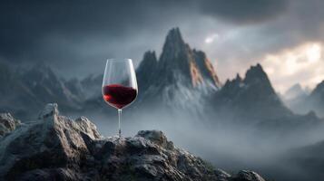 Glass of red wine on rocky cliff with misty mountain background, serene atmosphere photo