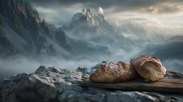 Loaves of bread on a wooden board with scenic mountain backdrop, digital artwork photo
