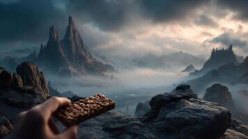 Hand holding granola bar in misty mountain landscape, concept of adventure snack photo