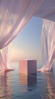 Serene scene with pastel drapes and a cube floating on tranquil water photo