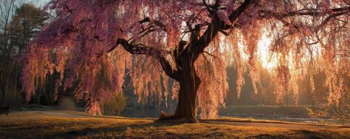 Serene sunrise with majestic pink cherry blossom tree by a tranquil lake photo