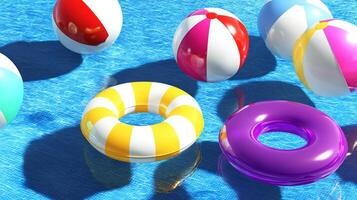 Colorful beach balls and rings floating on a bright blue swimming pool surface photo