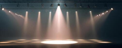 Spotlights illuminating an empty stage in a dimly lit theater, moody ambiance photo