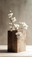 Cherry blossoms in wooden vase on textured background, minimalistic floral decor photo