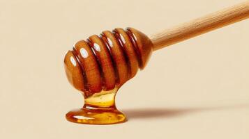 Wooden honey dipper dripping golden honey on beige background, sweet temptation photo