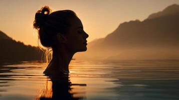 Silhouette of woman reflecting in calm lake at sunrise near mountains photo