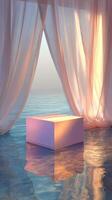 Soft pastel sunset on water with a glowing cube and flowing curtains photo