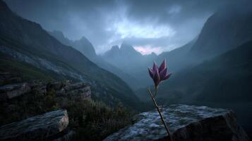 Purple flower in foreground with misty mountain landscape at dawn photo