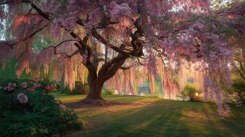 Sunlit pink blossom tree casting shadows on a grassy lawn at sunset photo