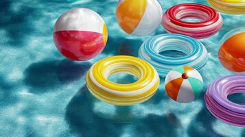 Colorful beach balls and float rings on a sunny swimming pool surface photo