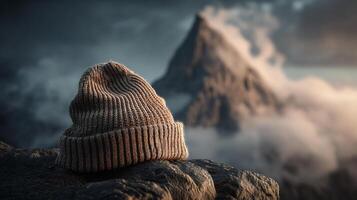 Brown knit hat on mountain rock against foggy peak in moody evening light photo