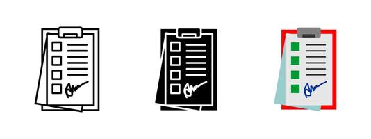 Signed checklist icon. Document with checkboxes and signature on clipboard illustration. Task list or contract symbol. Paperwork, agreement and approval form sign. Official document pictogram. vector