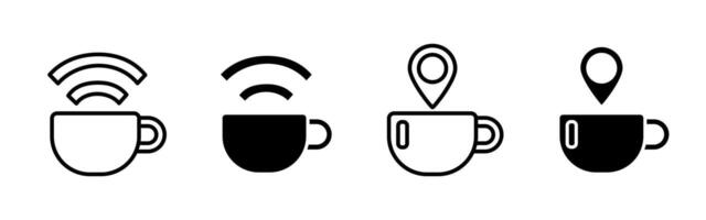 Cafe location icon. Coffee cup with Wi-Fi signal and map pin elements. Symbol for coffee shops offering wireless internet and marked on navigation apps. Ideal for cafe finders and hospitality maps. vector