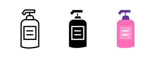 Soap dispenser icon. Pump bottle with rectangular label illustration. Container for liquid soap, sanitizer or lotion. Hygiene and personal care item used in bathrooms. Cleanliness pictogram. vector