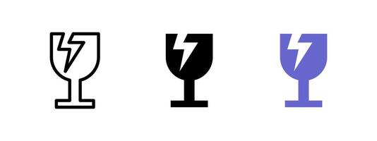 Fragile glass icon. Wine glass with crack lightning symbol illustration. Warning for breakable packaging symbol. Used in shipping and logistics sign. Caution and handling pictogram. vector