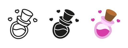 Love potion icon. Pink magic elixir in a corked vial with floating heart symbol. Fantasy illustration used in romantic themes, games, spells and magical story contexts. vector