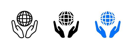 World in hands icon. Globe held by two raised palms illustration. Protecting planet and global care symbol. Environmental support and unity sign. Peace and sustainability pictogram. vector