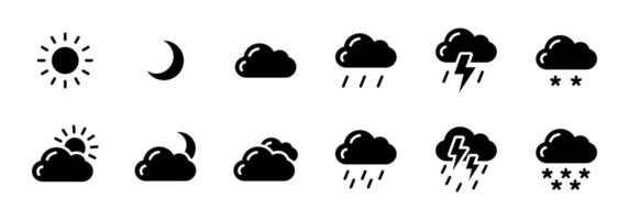 Weather glyph icon set. Minimal black symbols for sun, clouds, rain, thunder and snow. Forecast pictograms for UI, climate applications and meteorological infographics. vector