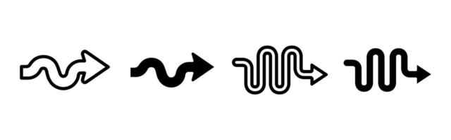 Curved arrow icon. Wavy directional illustration. Flexible path and nonlinear movement symbol. Route deviation and dynamic flow design concept. Navigation, transition and process pictogram. vector