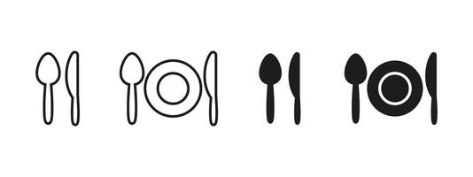 Restaurant icon. Spoon, knife and plate illustration. Dining utensils symbol representing food service and meals. Commonly used in menus, cafe signage and culinary apps. vector