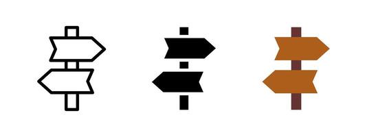Signpost icon. Wooden directional arrows pointing left and right illustration. Navigation guide symbol for travel and road decision-making sign. Wayfinding and direction pictogram. vector