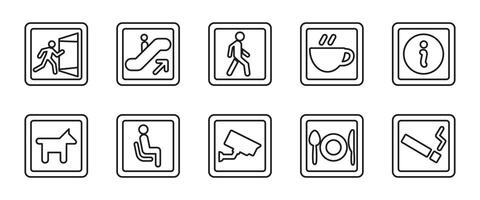 Public facility sign line icon set. Direction and service outline illustration. Navigation symbols for indoor guidance in malls, airports and other public access areas. vector